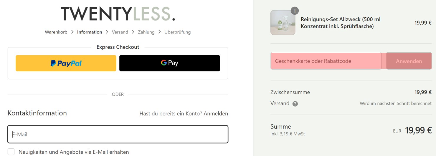 wie ist ein Twentyless Gutscheincode einzulösen