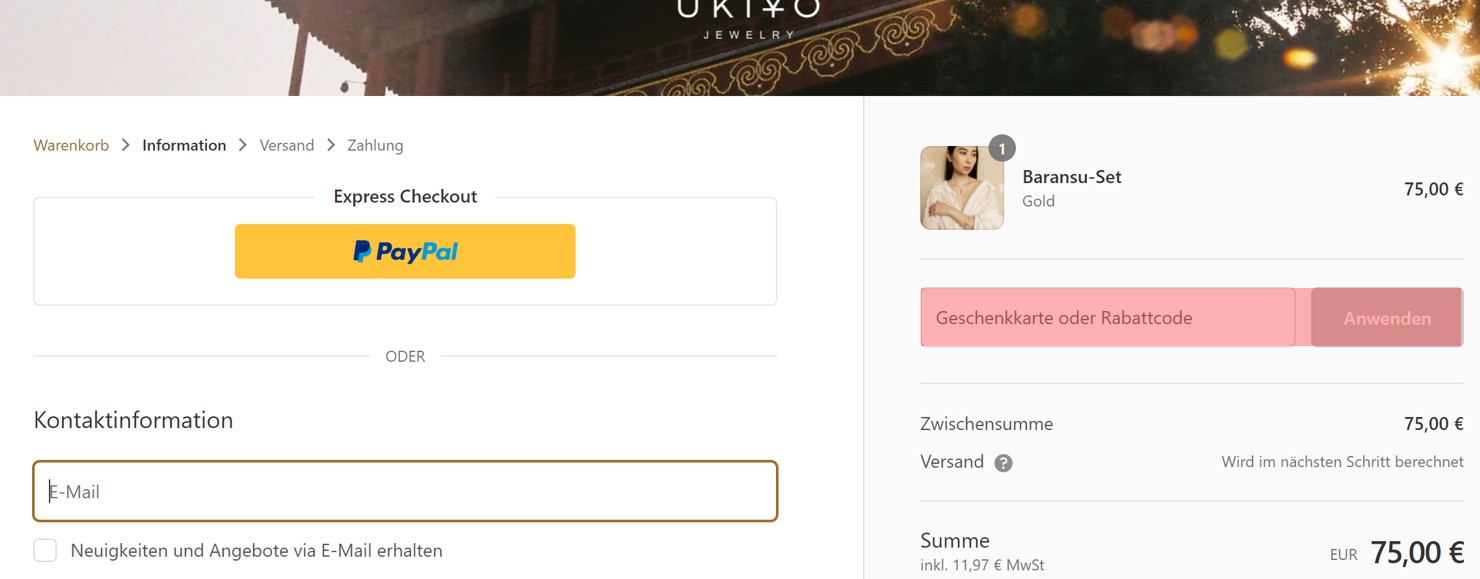 wie ist ein Ukiyo Jewelry Gutscheincode einzulösen