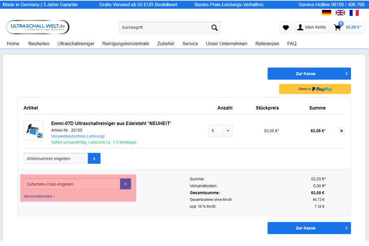 wie ist ein Ultraschall-Welt.de Gutscheincode einzulösen