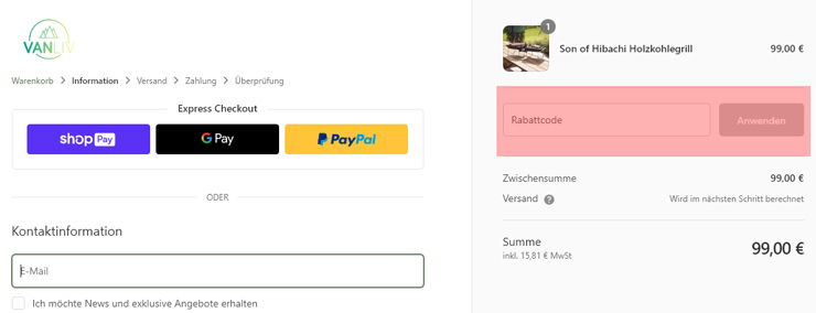 wie ist ein Vanliv Gutscheincode einzulösen