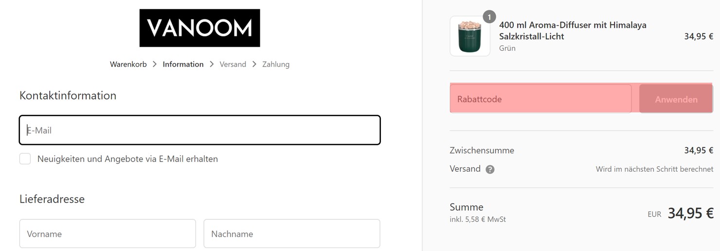 wie ist ein Vanoom Gutscheincode einzulösen