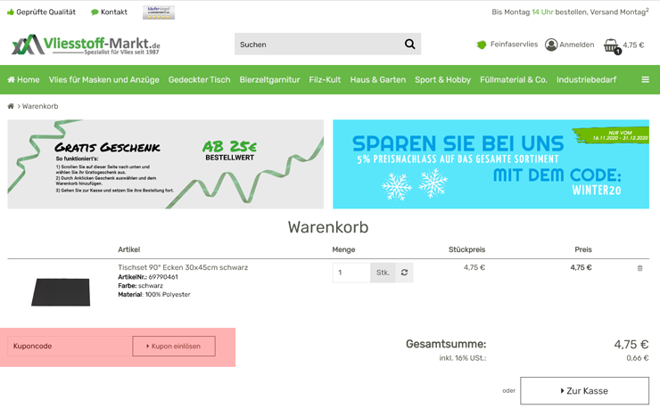 wie ist ein Vliesstoff Markt Gutscheincode einzulösen