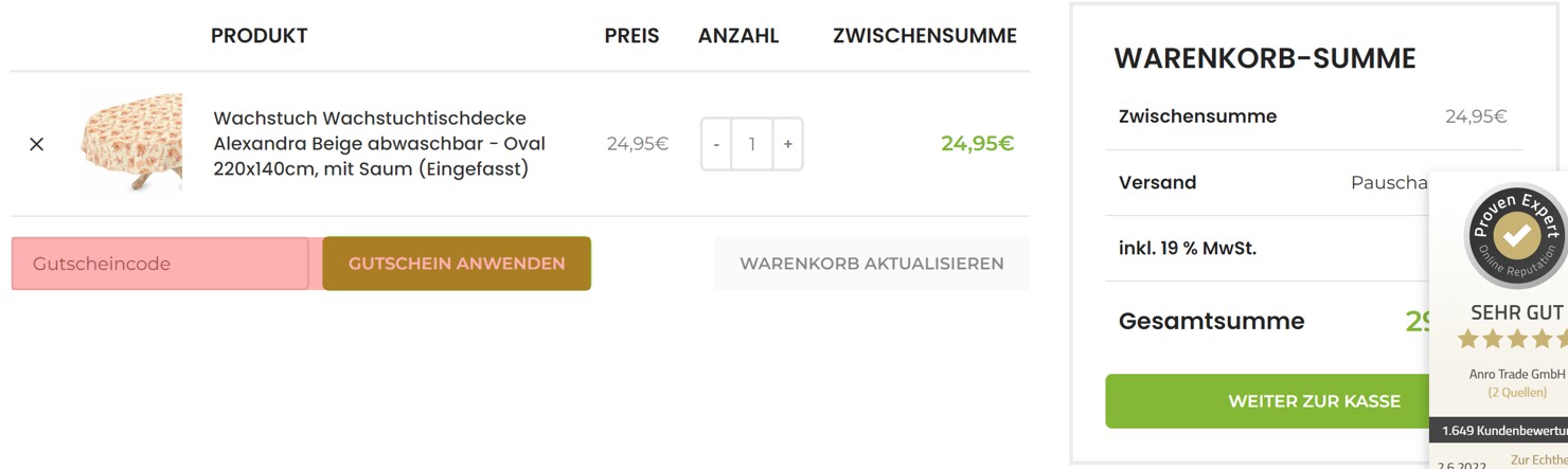 wie ist ein Wachstuch.Shop Gutscheincode einzulösen