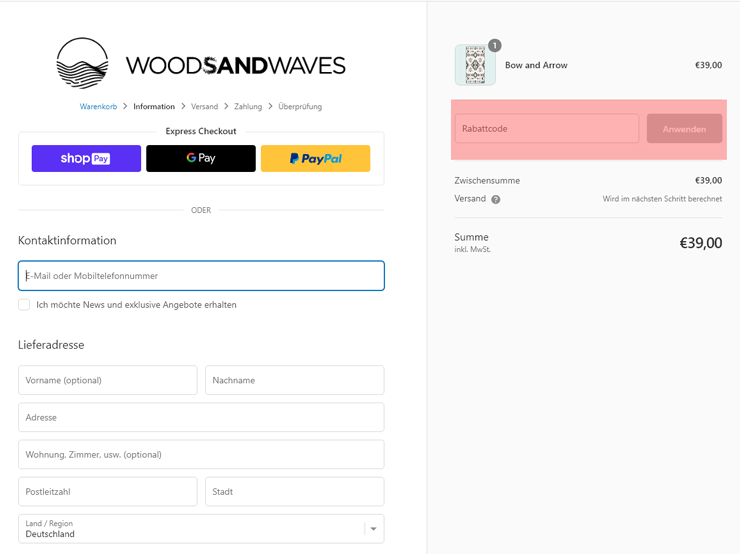 wie ist ein Woodsandwaves  Gutscheincode einzulösen