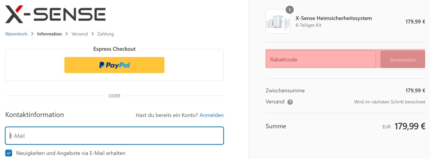 wie ist ein X-Sense Gutscheincode einzulösen