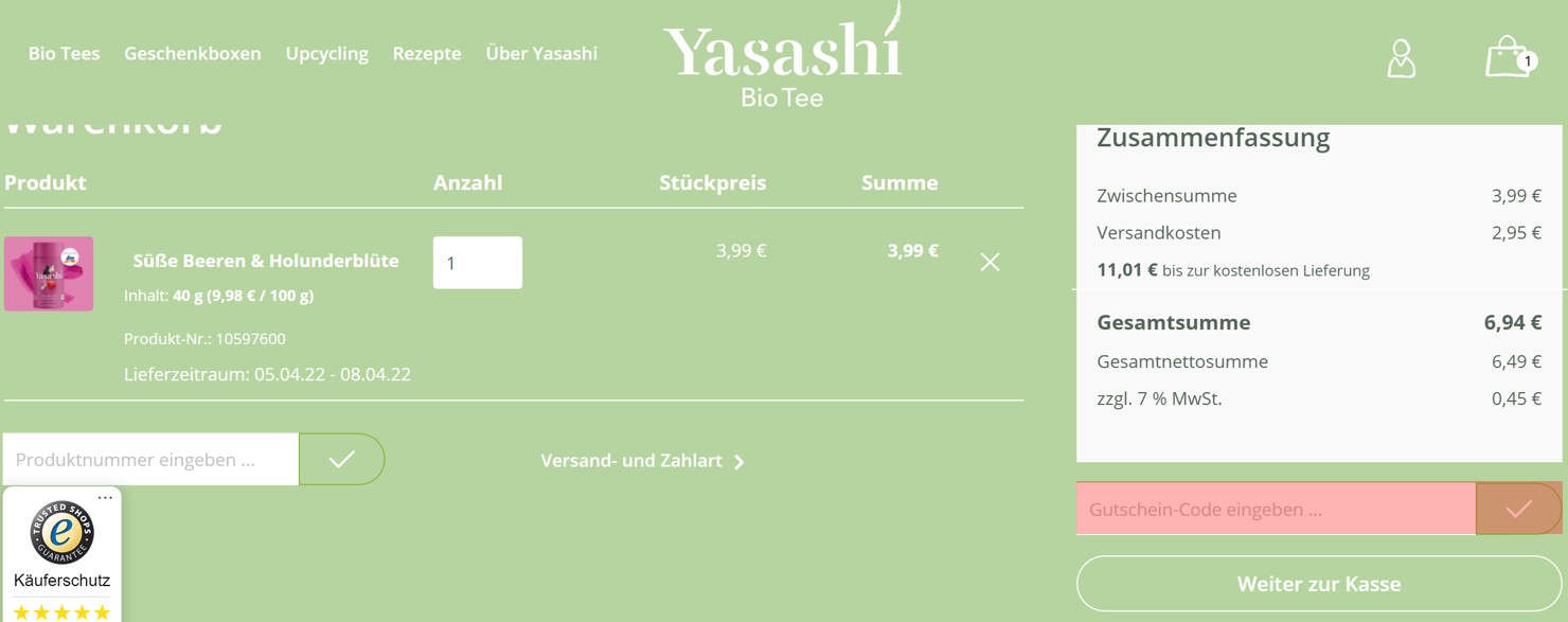 wie ist ein Yasashi Gutscheincode einzulösen