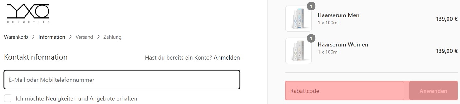 wie ist ein YXO Cosmetics Gutscheincode einzulösen