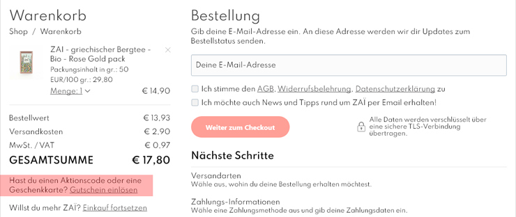 wie ist ein Zai Tea  Gutscheincode einzulösen