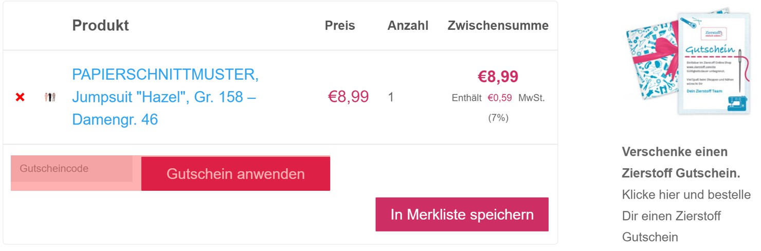 wie ist ein Zierstoff Gutscheincode einzulösen